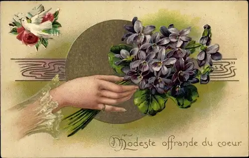 Präge Ak Modeste offrande du coeur, Frauenhand, Veilchenblüten