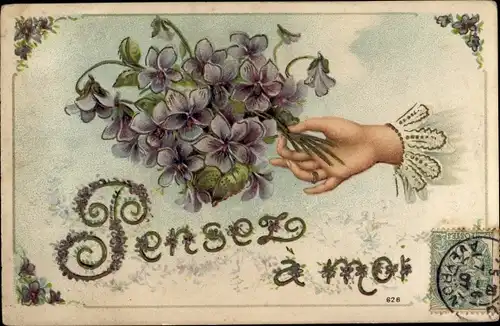 Präge Ak Pensez a moi, Frauenhand, Veilchen