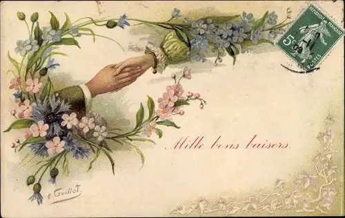 Künstler Ak Guillot, E., Händedruck, Blumen, Vergissmeinnicht