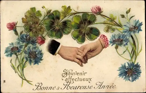 Präge Ak Glückwunsch Neujahr, Händedruck, Blumen, Glücksklee