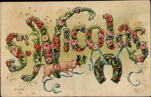 Buchstaben Ak S. Nicolas, Schwein, Blumen, Stechpalme