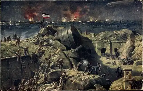 Künstler Ak Liège Lüttich Wallonien, Schlachtszene 07. 08. 1914, Zeppelin, I. WK