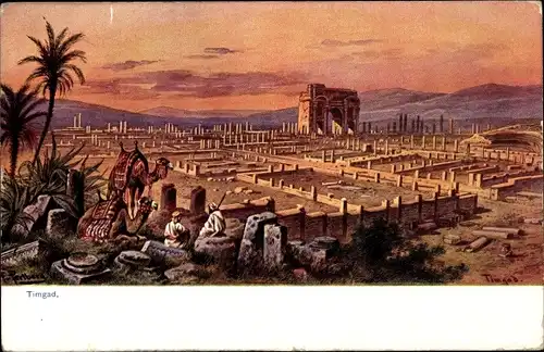 Künstler Ak Perlberg, F., Timgad Algerien, Ruinen, Beduinen, Kamel