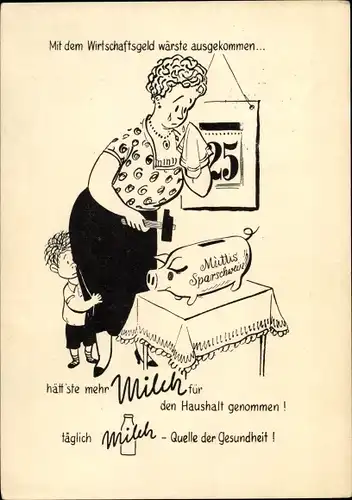 Ak Werbung Milch, Frau mit Hammer, Sparschwein, Kalender