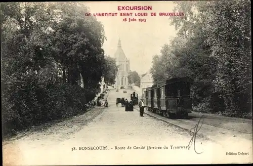 Ak Bon Secours Bonsecours Péruwelz Hennegau, La Route de Conde, Arrivee du Tramway