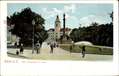 Ak Halle an der Saale, Alte Promenade mit Post, Denkmal