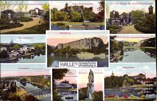 Ak Halle an der Saale, Moritzburg, Bergschenke, Bismarckdenkmal, Saalepartie, Cröllwitz, Ruine