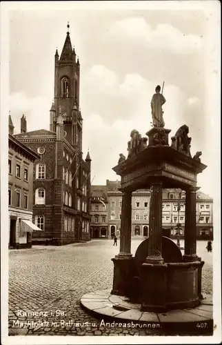 Ak Kamenz in Sachsen, Marktplatz mit Rathaus u. Andreasbrunnen