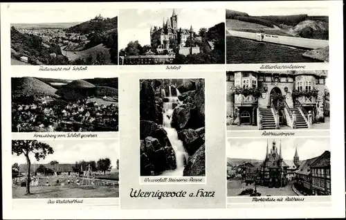 Ak Wernigerode am Harz, Teilansicht mit Schloss, Rathaustreppe, Kreuzberg, Waldhofbad, Marktplatz