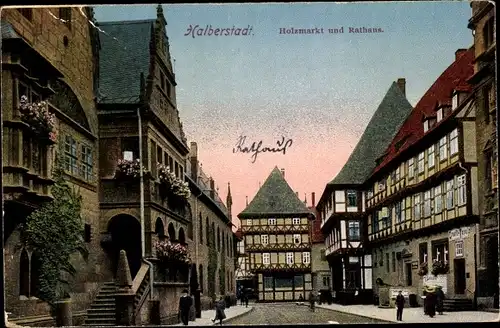 Ak Halberstadt im Harz, Holzmarkt und Rathaus