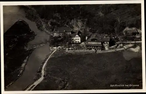 Ak Höfgen Grimma in Sachsen, Gastwirtschaft Schiffmühle, Fliegeraufnahme