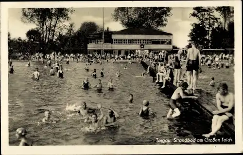 Ak Torgau an der Elbe, Strandbad am Großen Teich, Badegäste