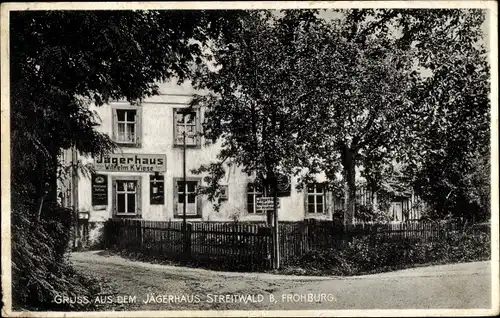Ak Streitwald Frohburg in Sachsen, Jägerhaus, Inh. W. K. Wiese, Straßenpartie, Schild