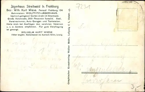 Ak Streitwald Frohburg in Sachsen, Jägerhaus, Inh. W. K. Wiese, Straßenpartie, Schild