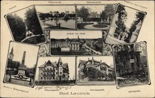 Ak Bad Lausick in Sachsen, Kurhotel Herrmannsbad, Kirche, Denkmal, Bethlehemstift, Albertquelle