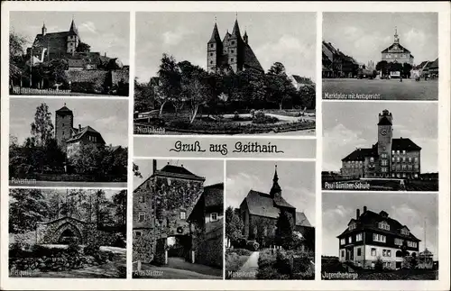 Ak Geithain in Sachsen, Nicolaikirche mit Stadtmauer, Pulverturm, Schule, Jugendherberge, Heilquelle