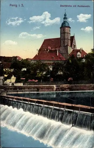 Ak Penig in Sachsen, Stadtkirche mit Muldenwehr