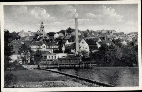Ak Colditz in Sachsen, Gesamtansicht, Kirche, Schornstein, Wehr
