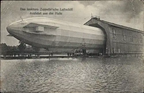 Ak Zeppelin bei der Ausfahrt aus der Halle, LZ 3, Luftschiff
