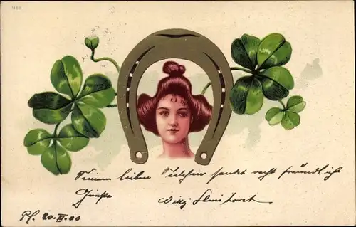 Litho Portrait einer Frau, Kleeblätter, Hufeisen