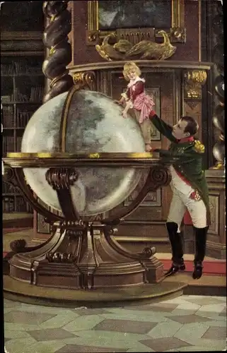 Künstler Ak Rex, Napoleon Bonaparte mit seinem Sohn an einem Riesen Globus
