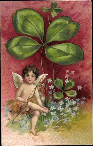 Ak Engel, Kleeblätter, Vergissmeinnicht, Amor