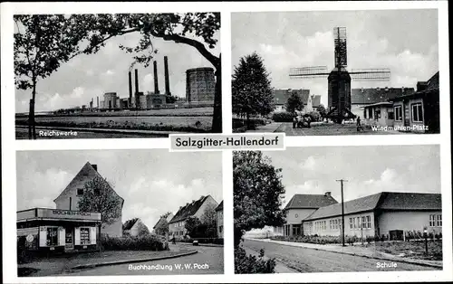 Ak Hallendorf Salzgitter, Reichswerke, Windmühlenplatz, Buchhandlung W. W. Poch, Schule
