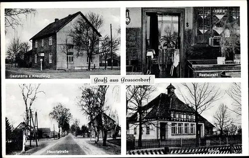 Ak Grußendorf Grussendorf Sassenburg Niedersachsen, Gaststätte zum Kreuzkrug, Hauptstraße, Schule