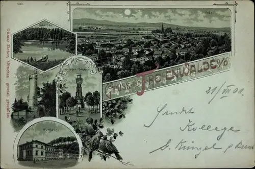 Mondschein Litho Bad Freienwalde an der Oder, Panorama, Kurhaus, Kriegerdenkmal, Turm, See