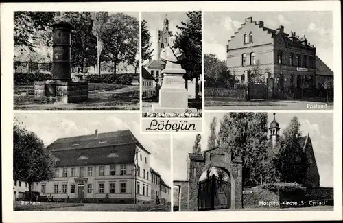 Ak Löbejün im Saalekreis, Rathaus, Postamt, Karl-Loewe-Denkmal, Hospital-Kirche St. Cyriaci