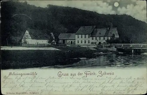 Mondschein Ak Behringersmühle Gößweinstein in Oberfranken, Blick auf den Ort, Brücke, Häuser