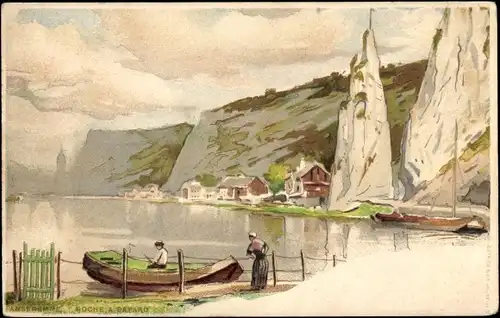 Künstler Litho Cassiens, H., Anseremme Dinant Wallonien Namur, Boot am Ufer, Blick auf den Ort