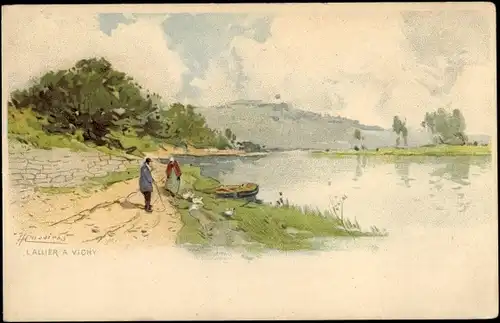 Künstler Litho Cassiens, H., Namur Wallonien, L'Allier, Flusspartie