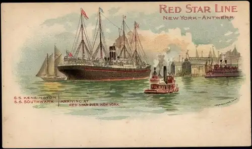 Künstler Litho Cassiens, H., Dampfer SS Kensington, SS Southwark, Red Star Line