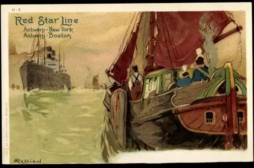 Künstler Litho Cassiens, H., Red Star Line, Dampfer, Segelboot