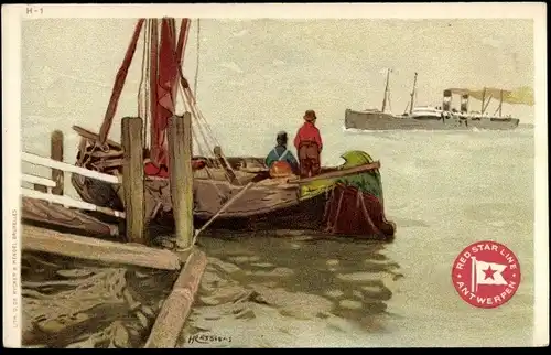 Künstler Litho Cassiens, H., Red Star Line, Dampfer, Fischerboot