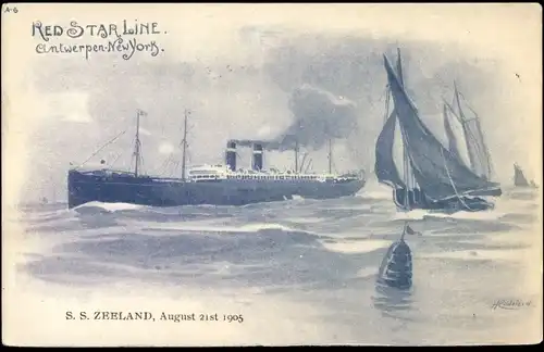 Künstler Litho Cassiens, H., Dampfer SS Zeeland, Dampfschiff, Red Star Line, Segelboot