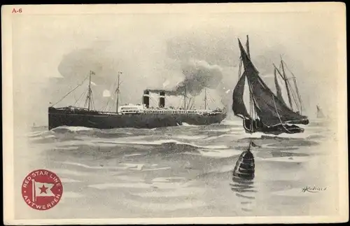 Künstler Litho Cassiens, H., Dampfer, Dampfschiff, Red Star Line, Segelboot
