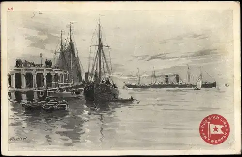 Künstler Litho Cassiens, H., Dampfer, Red Star Line, Segelboote