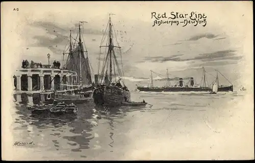 Künstler Litho Cassiens, H., Dampfer, Red Star Line, Segelboote