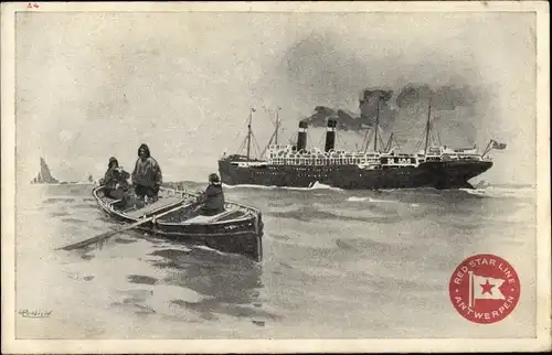 Künstler Litho Cassiens, H., Dampfer, Red Star Line, Ruderboot