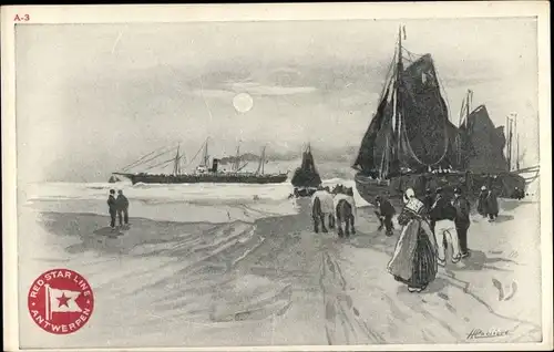 Künstler Litho Cassiens, H., Red Star Line Antwerpen, Dampfschiff, Dampfer, Trachten, Segelboote
