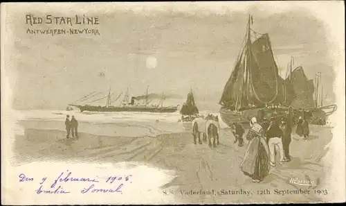 Künstler Litho Cassiens, H., Red Star Line Antwerpen, Dampfer Vaderland, Trachten, Segelboote