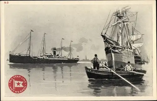 Künstler Litho Cassiens, H., Blick auf einen Dampfer, Red Star Line, Segelschiff