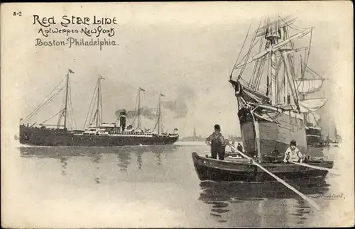 Künstler Litho Cassiens, H., Blick auf einen Dampfer, Red Star Line, Segelschiff