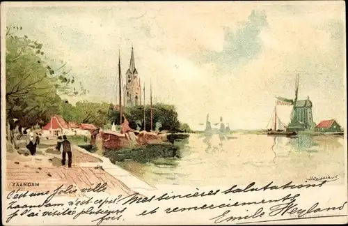 Künstler Litho Cassiens, H., Zaandam Südholland, Windmühle, Kirchturm, Boote