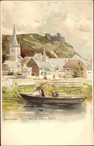 Künstler Litho Cassiens, H., Bouvignes sur Meuse Wallonien Namur, Boot, Blick auf den Ort