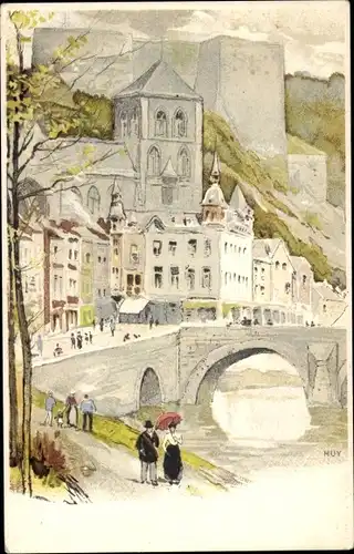 Künstler Litho Cassiens, H., Huy Wallonien Lüttich, Burg, Brücke, Spaziergänger