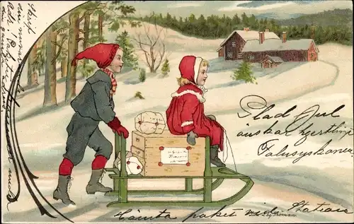 Künstler Litho Lindberg, Lisa, Glückwunsch Weihnachten, Kinder mit Schlitten, Geschenke