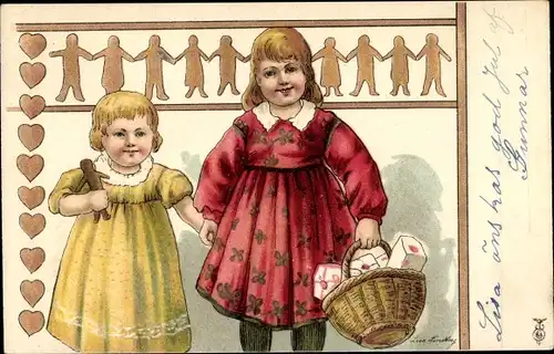 Künstler Litho Lindberg, Lisa, Zwei Mädchen mit Lebkuchen und Korb mit Geschenken